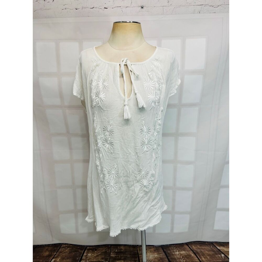 Torrid White Embroidered Semi Sheer Tassel Tie Neck Swim Tunic Cover Up Size 00